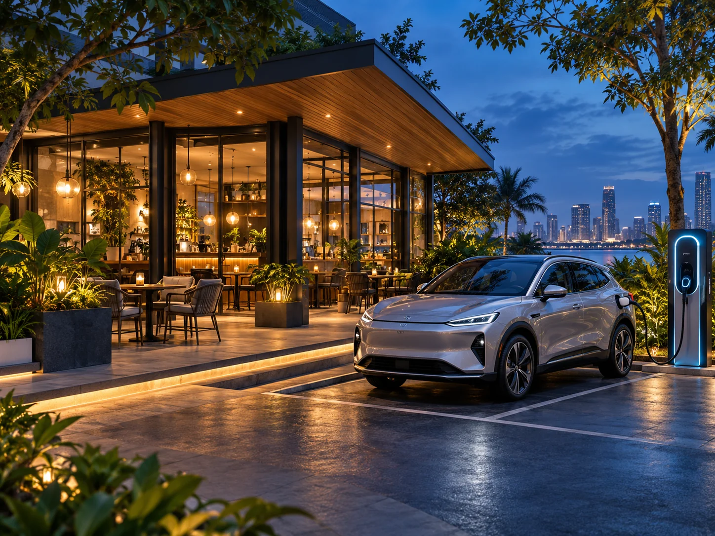 Illustrative café destination with EV charging